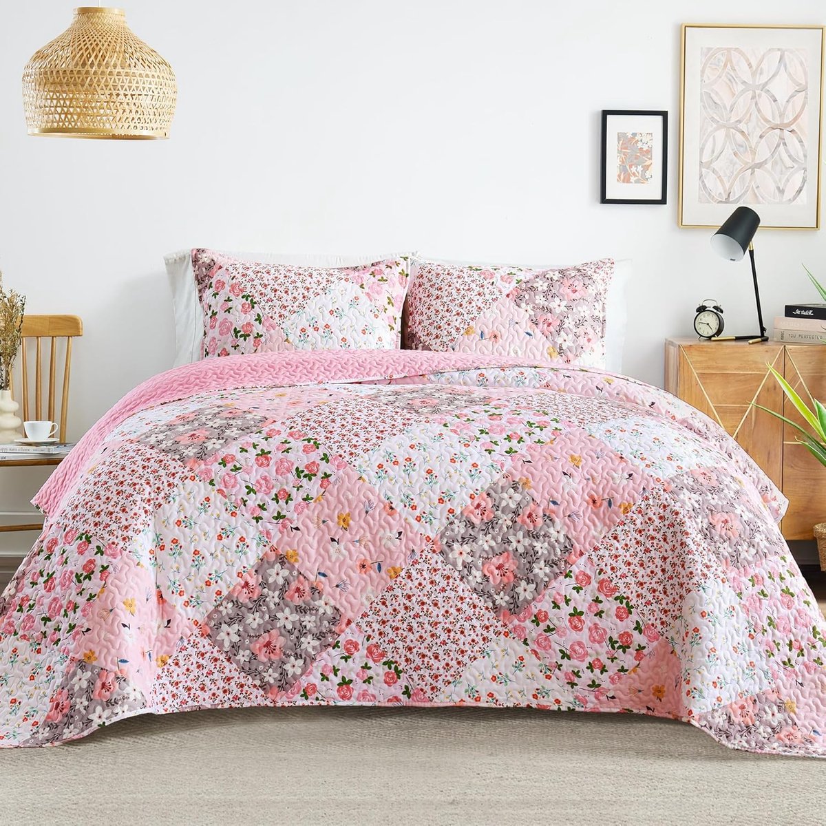 SnelShoppen - Luxe Beddeken 230 x 240 cm voor 2 Personen, Zachte Microfiber Bedspread met Gedrukt Patroon, Roze Tegel, Inclusief 2 Oorkussens voor All