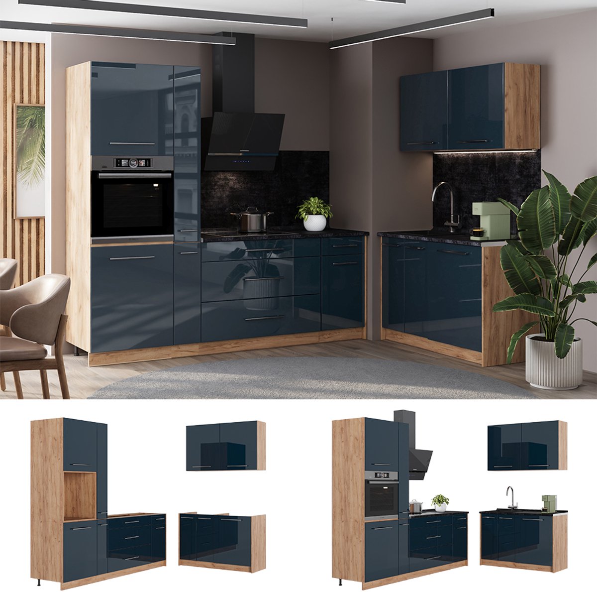 Vicco Keuken Fame-Line, Donkerblauw hoogglans/Goudkleurig Eiken, 340 x cm, WB Antraciet