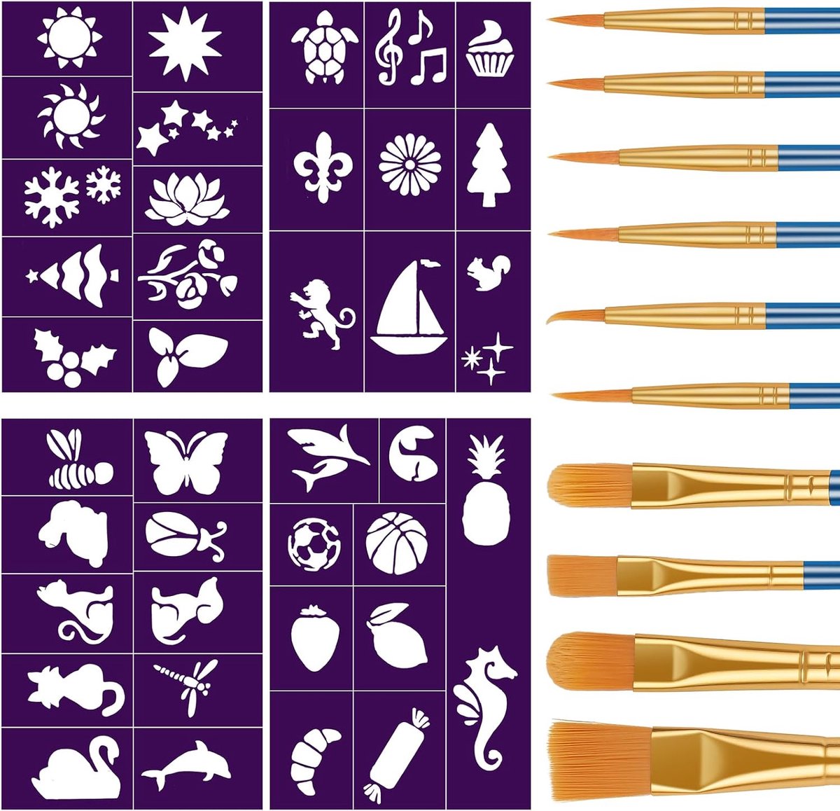 SnelShoppen - 10 Pcs Verfkwasten Set, Nylon Haar Verfkwasten met 4 Stuks Paars Sjablonen, Gezicht Verf Kwasten voor Acryl, Olie, Waterverf, Kinderen e