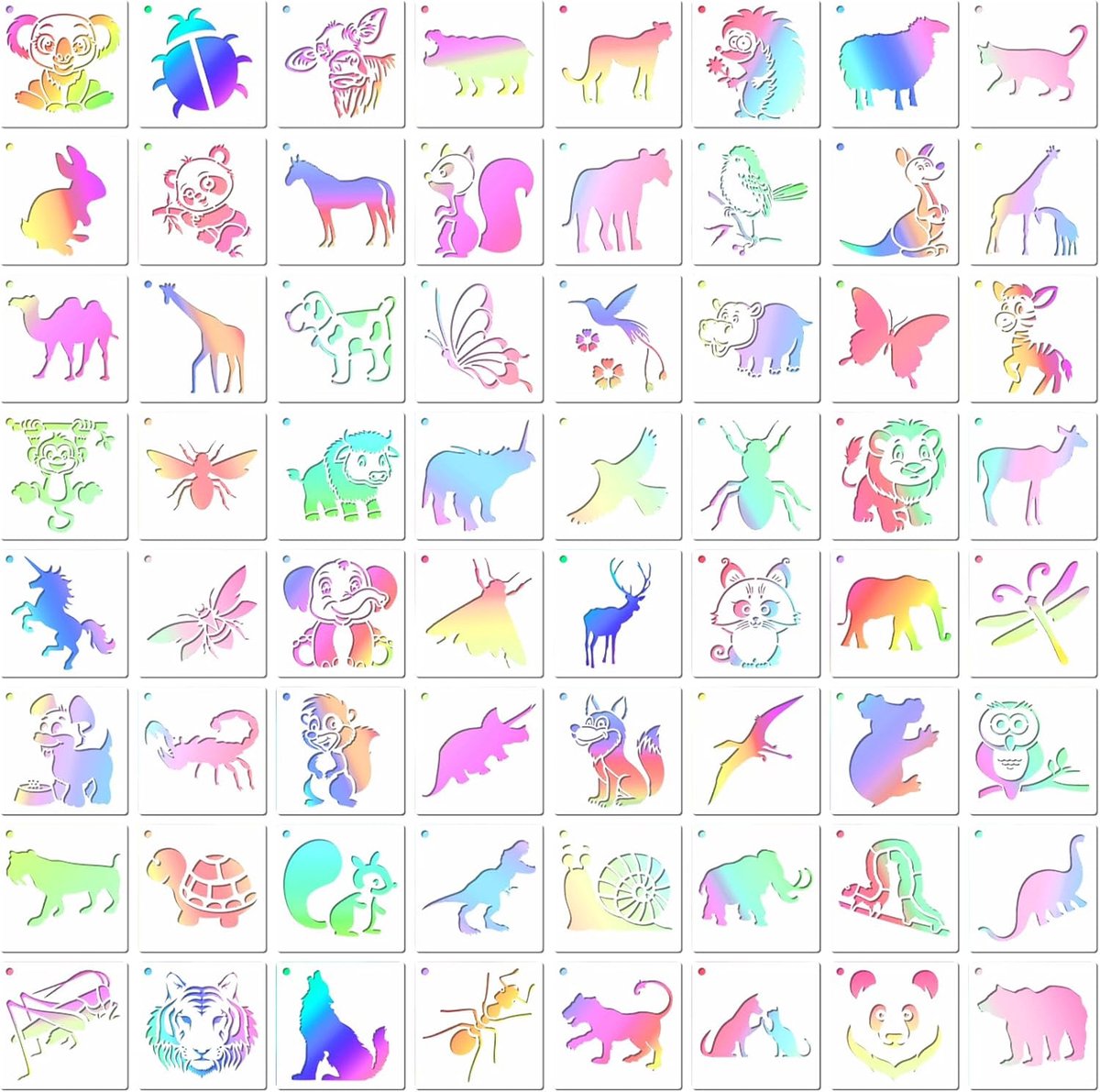 SnelShoppen - Pack van 64 Dierlijke Schablonen voor Kinderen, Herbruikbare 7.5 x 7.5 cm Stencils voor Tekenen, Kleding, Fotoboek, Baby Shower, Veilig