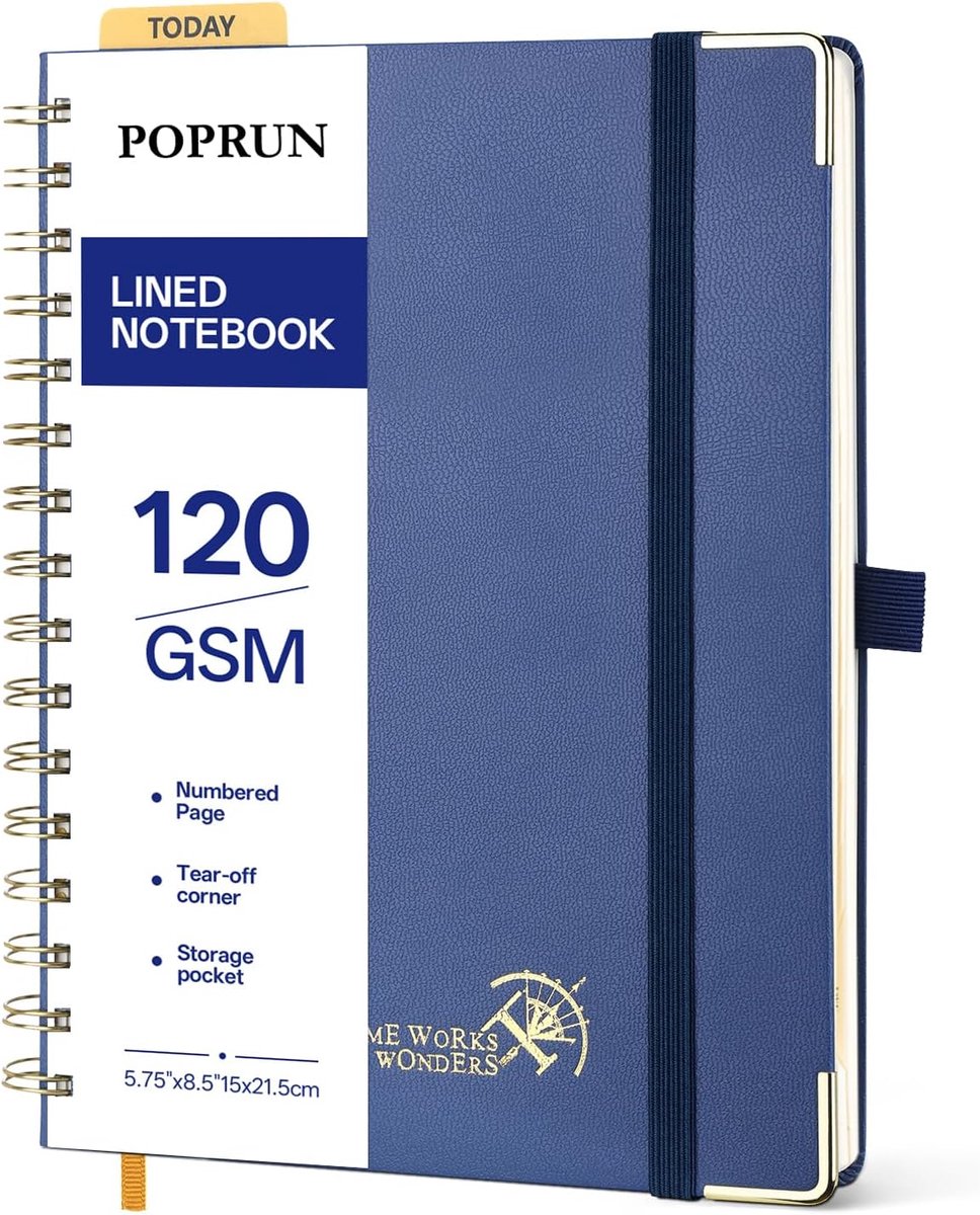 SnelShoppen - A5 Lined Notebook met Spiral, Hardcover Schrijfblok, Bullet Journal met 141 Genummerde Pagina's, 120g/m² Papier, Navy Blauw met Labels e