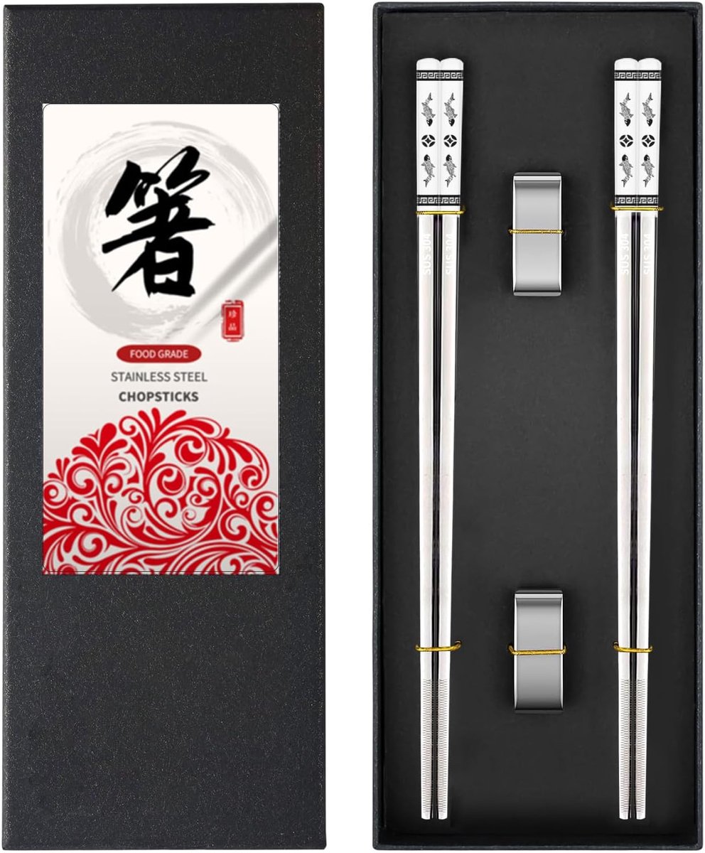 Roestvrijstalen eetstokjes set van twee, vaatwasmachinebestendig, inclusief houders en cadeauverpakking voor sushi en noedels