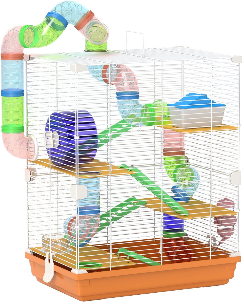 Stervia Hamsterkooi - Huisdierkooi - 5 Verdiepingen - Genoeg Speelelementen - Inclusief Accessoireset - Oranje - 46 x 30 x 58 cm