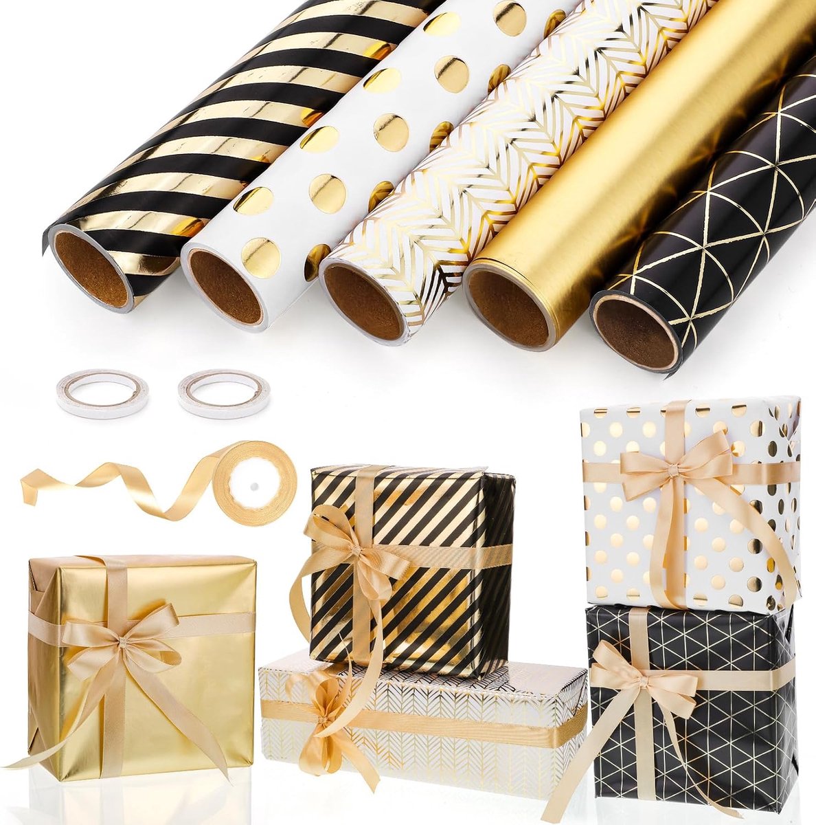 SnelShoppen - Cadeaupapierset 5 Rollen, 43 cm x 3 m, Zwart Goud, Verjaardag, Bruiloft, Babyshower, Gecoat Papier, Lint Inbegrepen, Hoogwaardige Kwalit