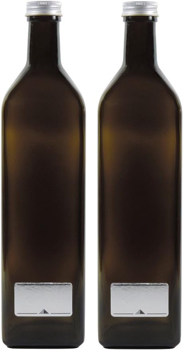 SnelShoppen - 2 x Groene/Bruine Glazen Flessen 1000 ml - Antieke Oliefles met Schroefdop en 2 Etiketten - Perfect voor Likeur, Olie, Schnaps en Decora