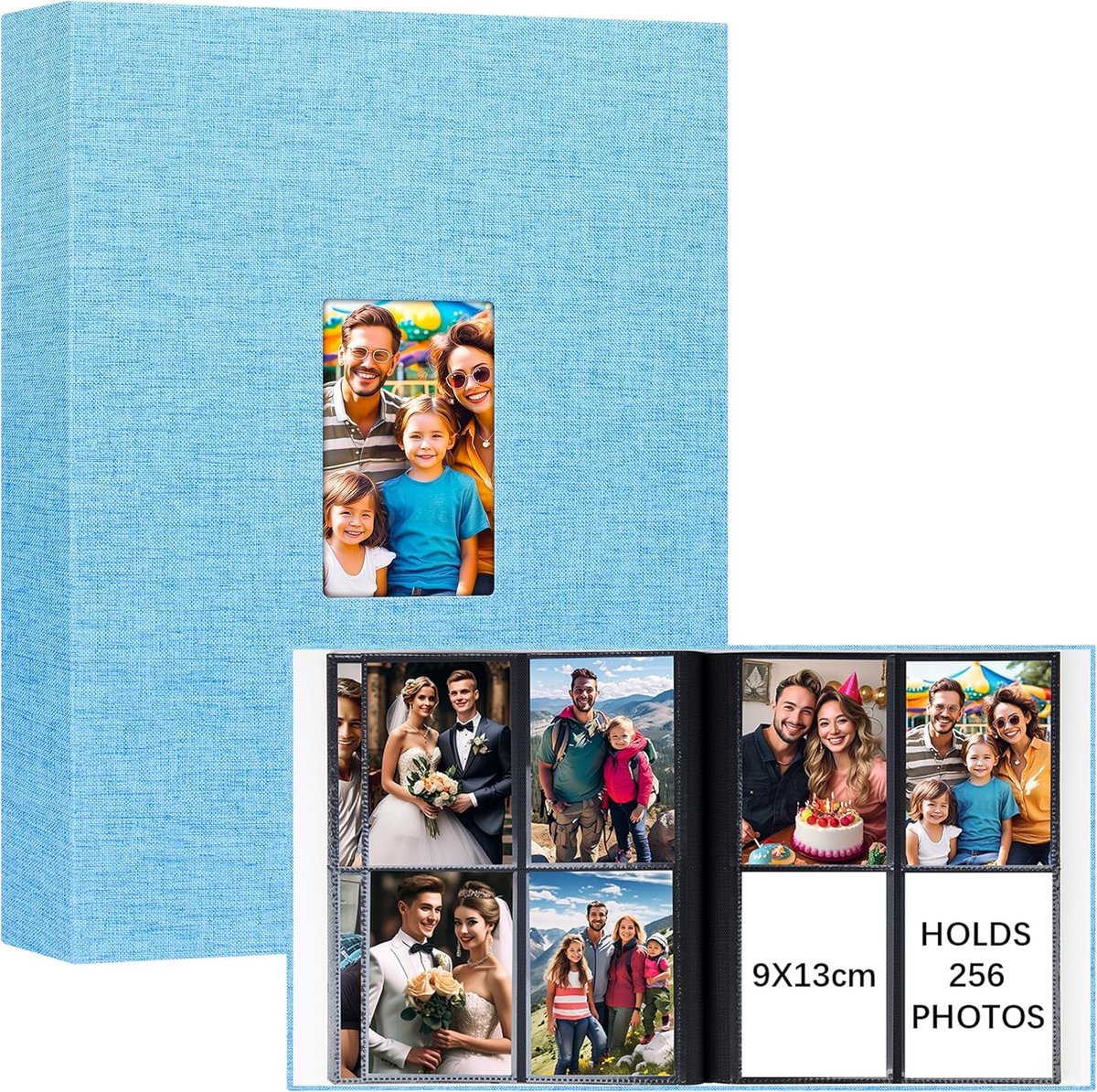 SnelShoppen - Elegant Insteekalbum 9x13 cm voor 256 Foto's - Linnen Cover met Venster, Perfect voor Bruiloft, Familie, Baby en Verjaardag - Blauw