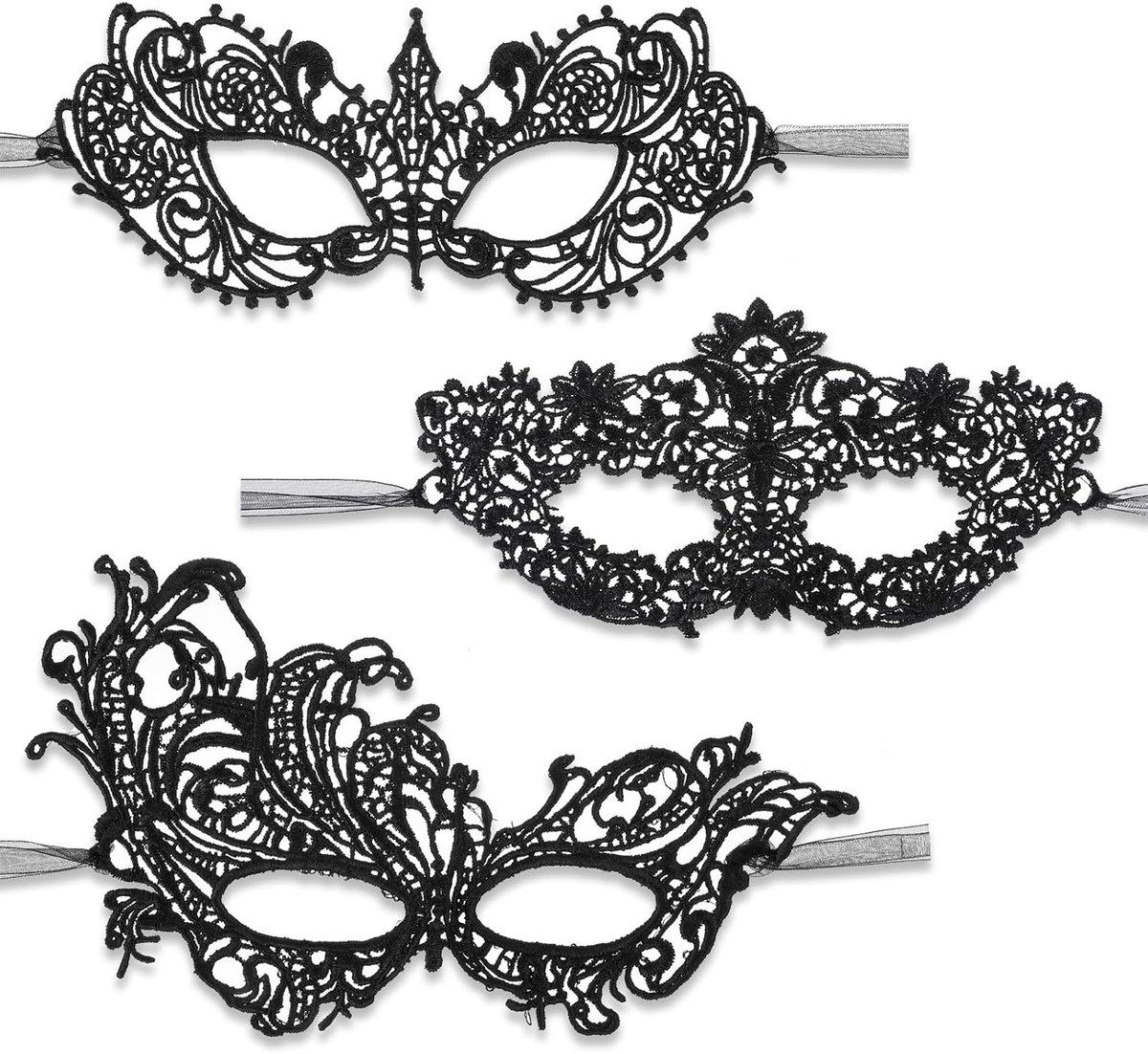 SnelShoppen - 3 Stuks Kanten Masker voor Maskerade Feest - Venetiaanse Stijl Zwart Masker voor Vrouwen - Perfect voor Mardi Gras, Halloween en Bal