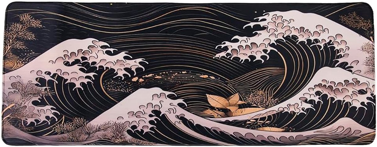 SnelShoppen - Grote Muismat 800 x 300 x 3 mm, Japanse Stijl, Hokusai The Wave, Ideaal voor Gaming en Werk, Duurzaam en Comfortabel, Zwart en Blauw