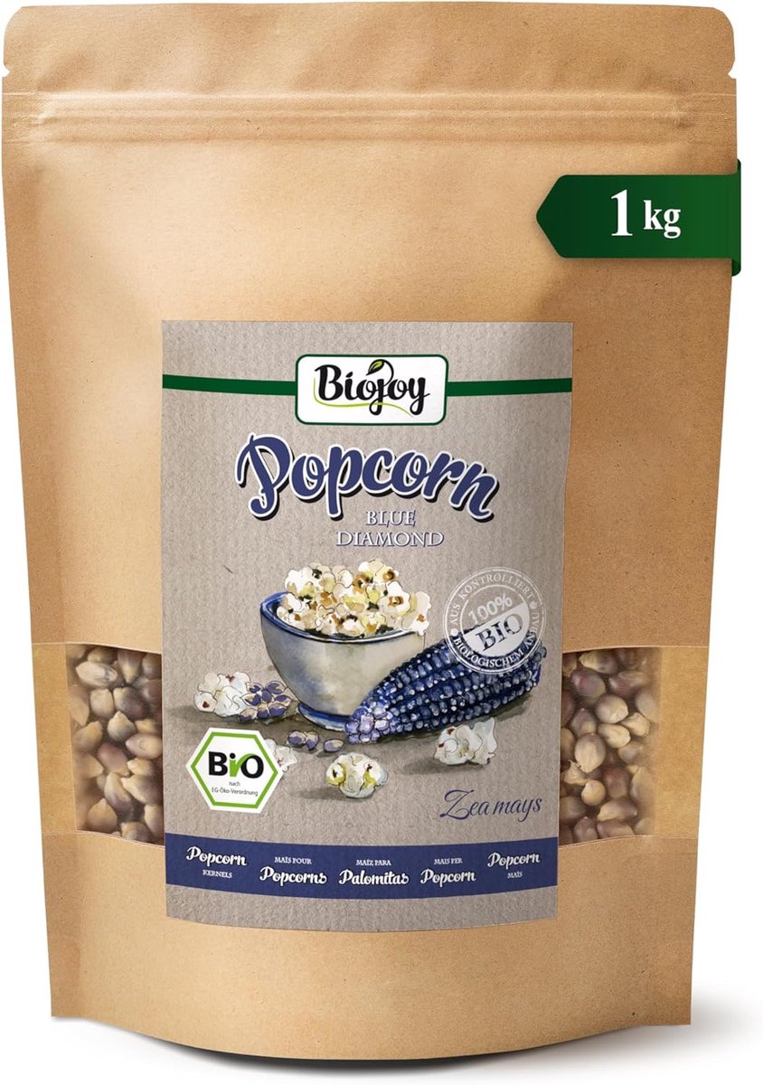 SnelShoppen - Biojoy BIO-Popcorn maïs Blue Diamond 1 kg, ongezoet en ongezouten, biologische popcorn voor feest, camping en kinderen