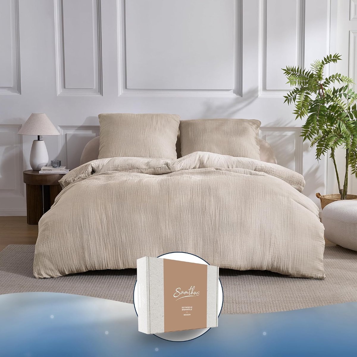 SnelShoppen - Mousseline Beddengoedset 100% Katoen - Oeko-Tex - Strijkvrij Dekbedovertrek 200x200 + 2x Kussensloop 80x80 - Hemels Zacht Beige Beddengo