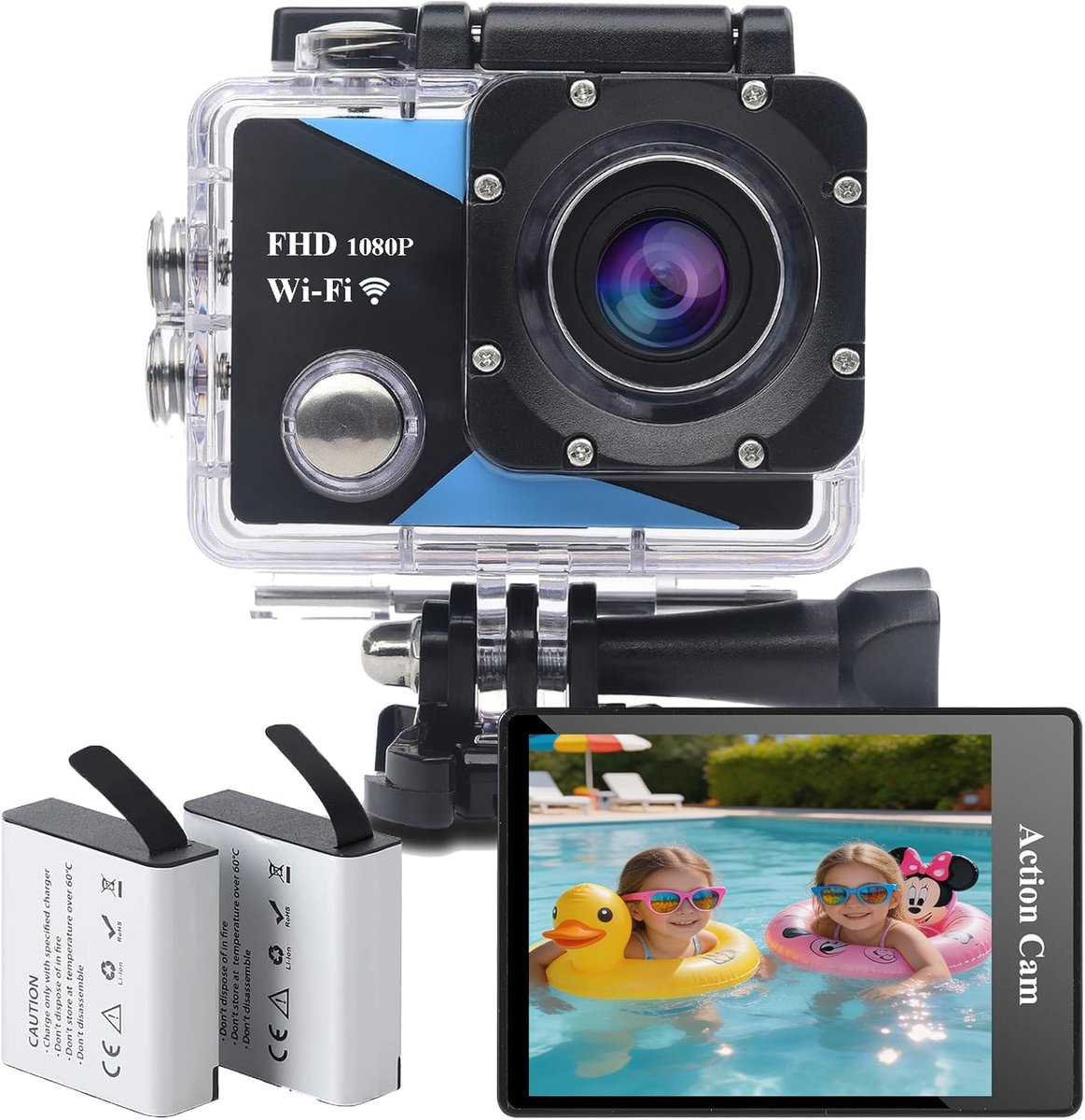 SnelShoppen - WiFi Action Cam FHD, Onderwatercamera tot 30m, Actiecamera met 2x 1050 mAh Batterijen, Accessoireset voor Fietsen, Sport en Avontuur
