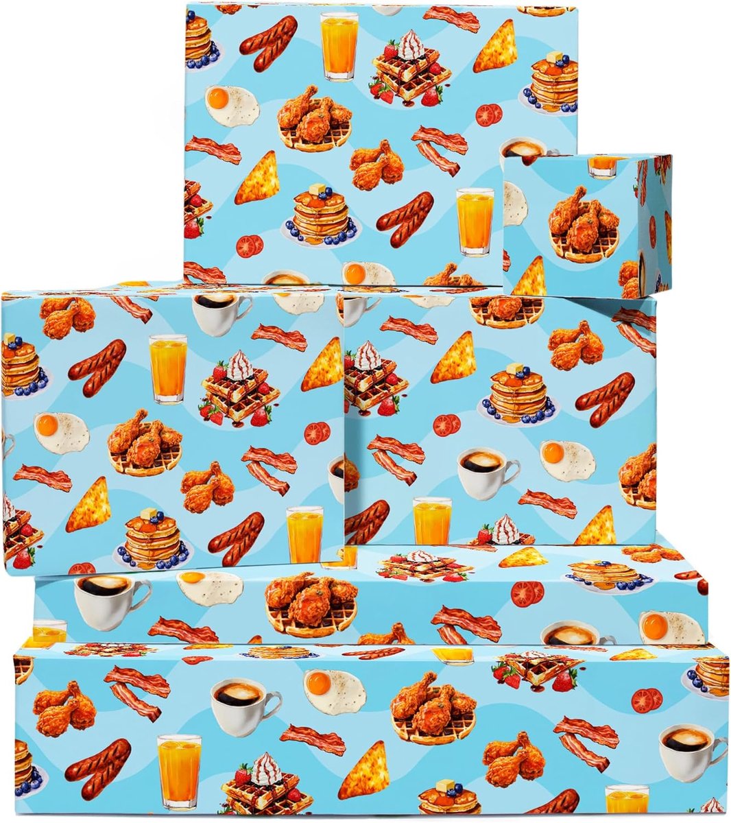 Thijox - Grappig verjaardag inpakpapier voor mannen en vrouwen - 6 vellen cadeauverpakking met Amerikaans ontbijt thema - Blauw inpakpapier met sticke