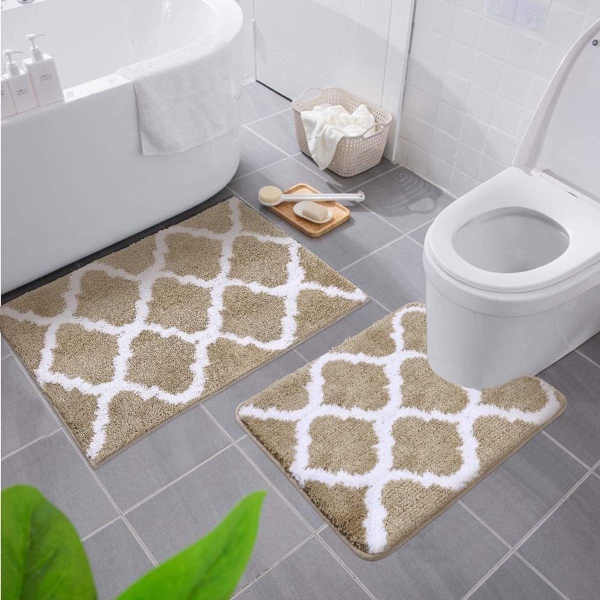 SnelShoppen - Antislip Badmatset 2-delig, Zacht en Hoogpolig Microvezel Badkamer Tapijtset, Beige, Voor Badkamer en WC