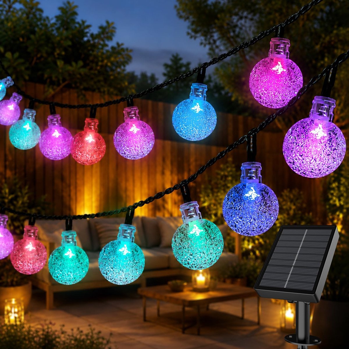SnelShoppen - Kleurrijke lichtketting op zonne-energie voor buiten - 12 m, 60 LED, 8 lichtmodi, weerbestendig, perfect voor tuin, feest en camping