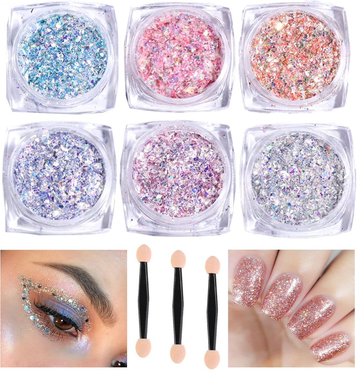 Thijox - 6 Dozen Nagel Glitterpoeder Set met Sponsborstel - Prachtige Glitter voor Nail Art, Lichaam, Gezicht en Festivaldecoratie - 6 Kleuren Paillet
