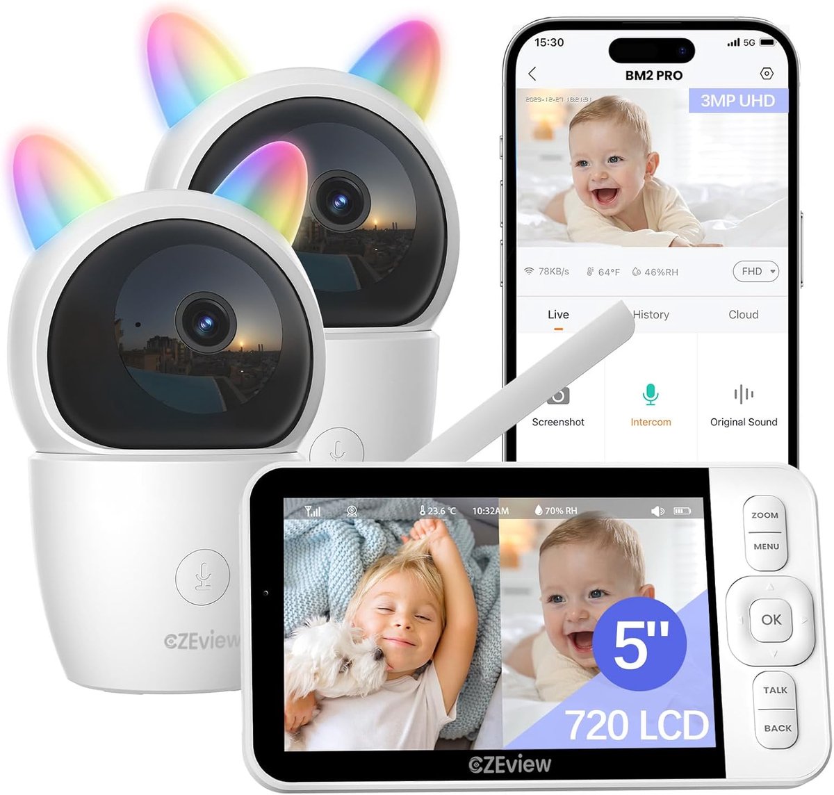 SnelShoppen - Babyfoon Met 2 Camera's, 5.0 Inch WLAN Video Babyfoon, 2K Resolutie, IR-Nachtsicht, 360° PTZ, Automatische Volging, 4x Zoom, Huil- en Ge
