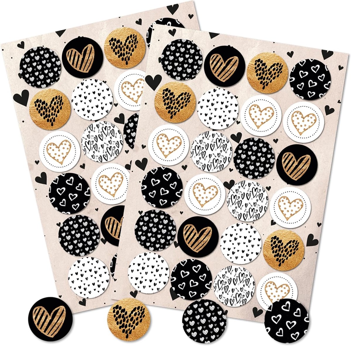 Thijox - Hartjesstickers Set van 48 Ronde Stickers met Hartmotieven in Zwart, Wit en Goud, Ø 4 cm - Elegante Huwelijkstickers & Bedankstickers voor Ve