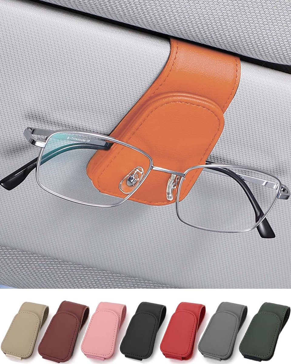SnelShoppen - Brillenhouder voor Auto Zonneklep - Luxe Leer Zonnebrilhouder - Praktische Clip voor Autovizier - Oranje Brilhouder voor Zonnebrillen -