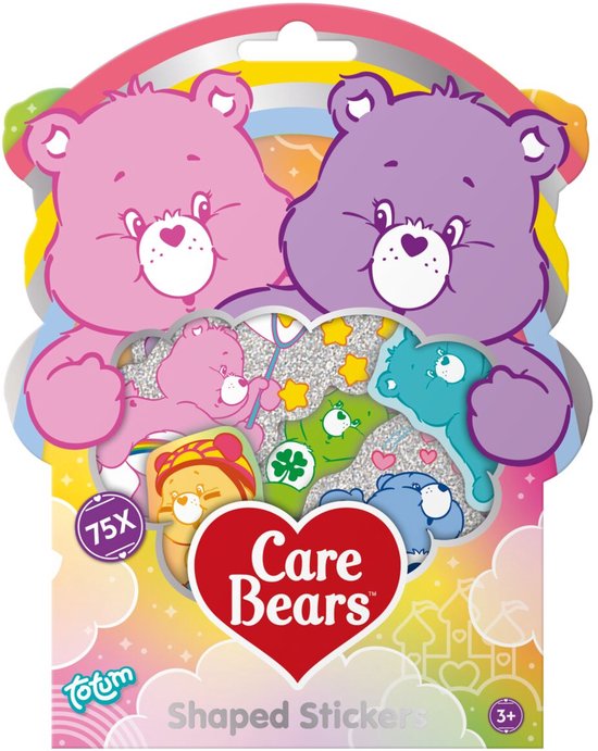 Verpakking met 75 Care Bears shaped stickers, met roze en paarse beren en kleurrijke regenbogen.