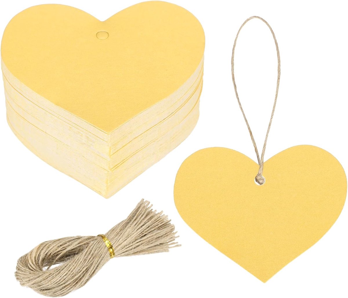 SnelShoppen - 200 Kraft Papier Cadeau Tags met Touw, 5.5 x 6.5 cm, Lege Handlabels, Hartvorm, Geel Glitter Cadeau Labels voor Prijslabels, DIY Creatie