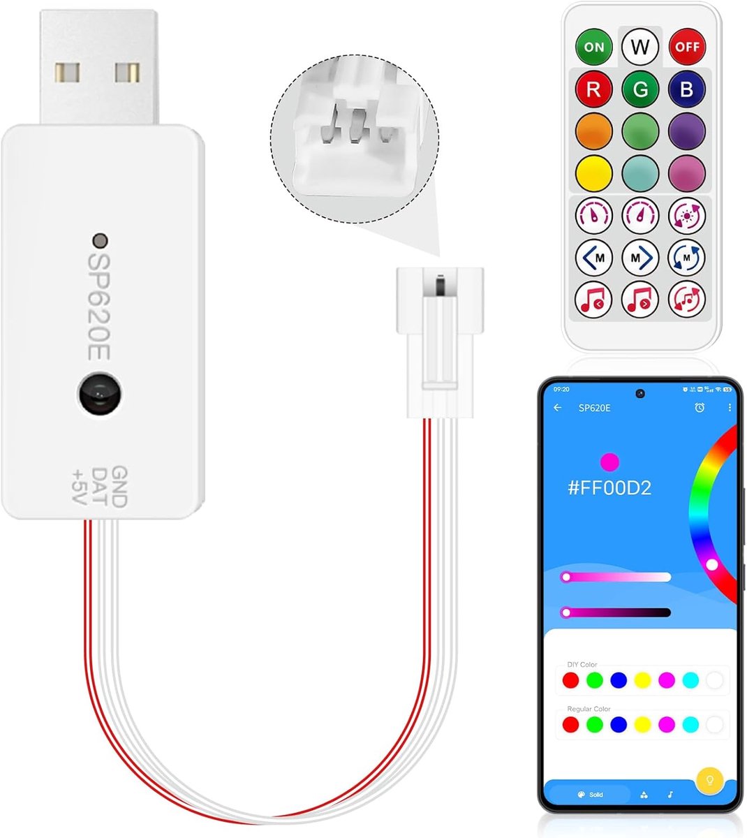 SnelShoppen - Bluetooth LED Strip Controller SP620E met IR Afstandsbediening, USB Interface, Smartphone App Controle voor Adresserende RGB LED Strips,