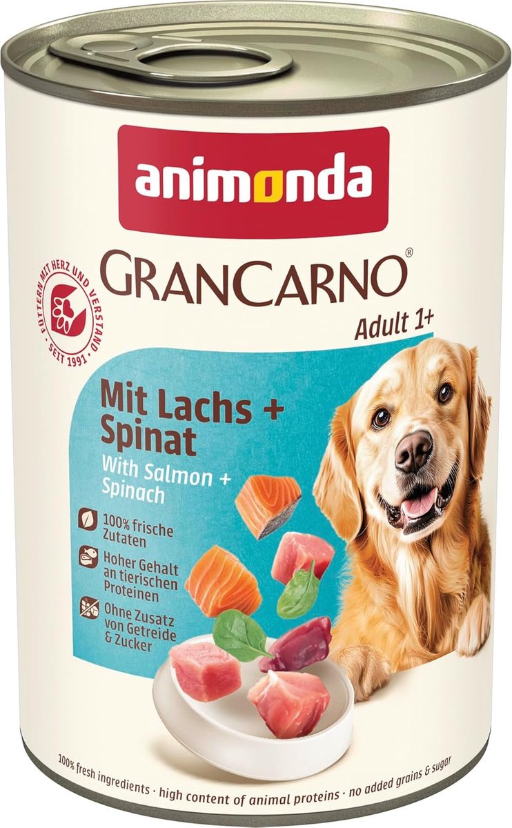 SnelShoppen - GranCarno Hondenvoer met Zalm en Spinazie (6 x 400 g) - Graanvrije en Suikervrije Natvoeding voor Volwassen Honden - Verse Vlees Ingredi