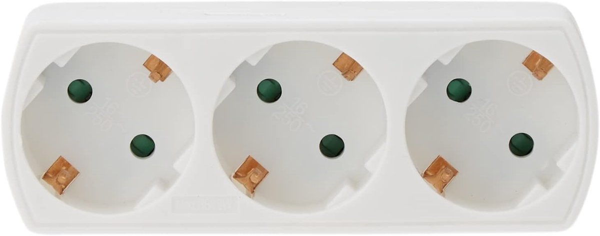 SnelShoppen - Schuko plug adapter 3-gang Mod.3210 - Horizontale wandadapter met aarding - Max. 250V, 10/16A - Polycarbonaat - Wit - Ideaal voor thuis,