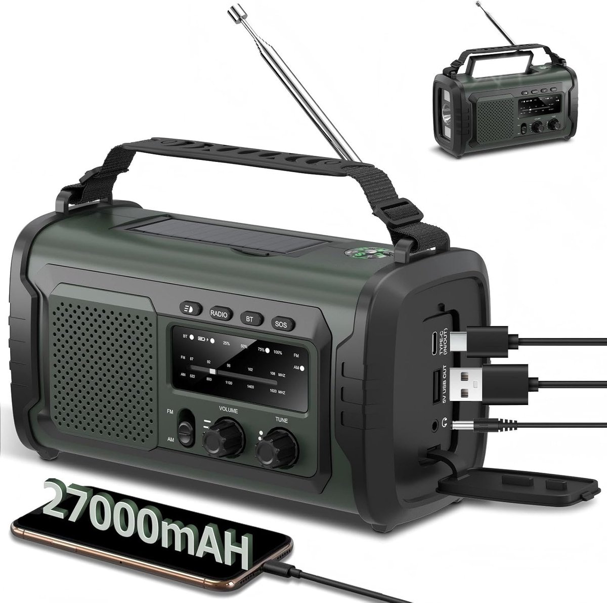SnelShoppen - Emergency Radio 27000 mAh met Crank en Zonnepaneel, AM/FM Noodradio met SOS Alarm, Bluetooth Speaker, Powerbank en LED Zaklamp voor Camp