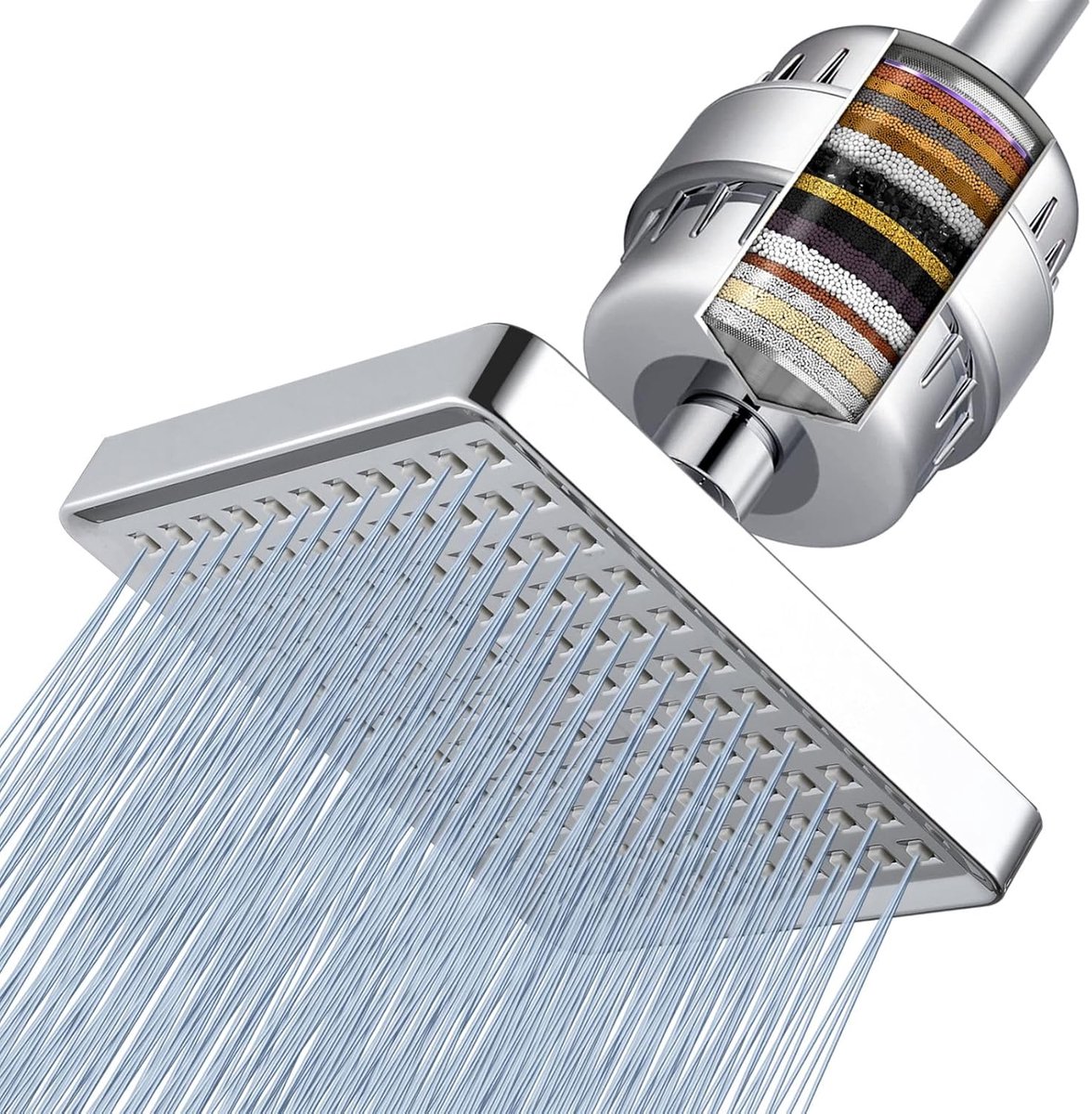 Thijox - Luxe Regendouchekop met Hoge Druk - 20-Traps Gefilterde Douchekop voor Hard Water - Chroom, 15,24 cm Vierkant, Perfect voor Gezondheid en Ont