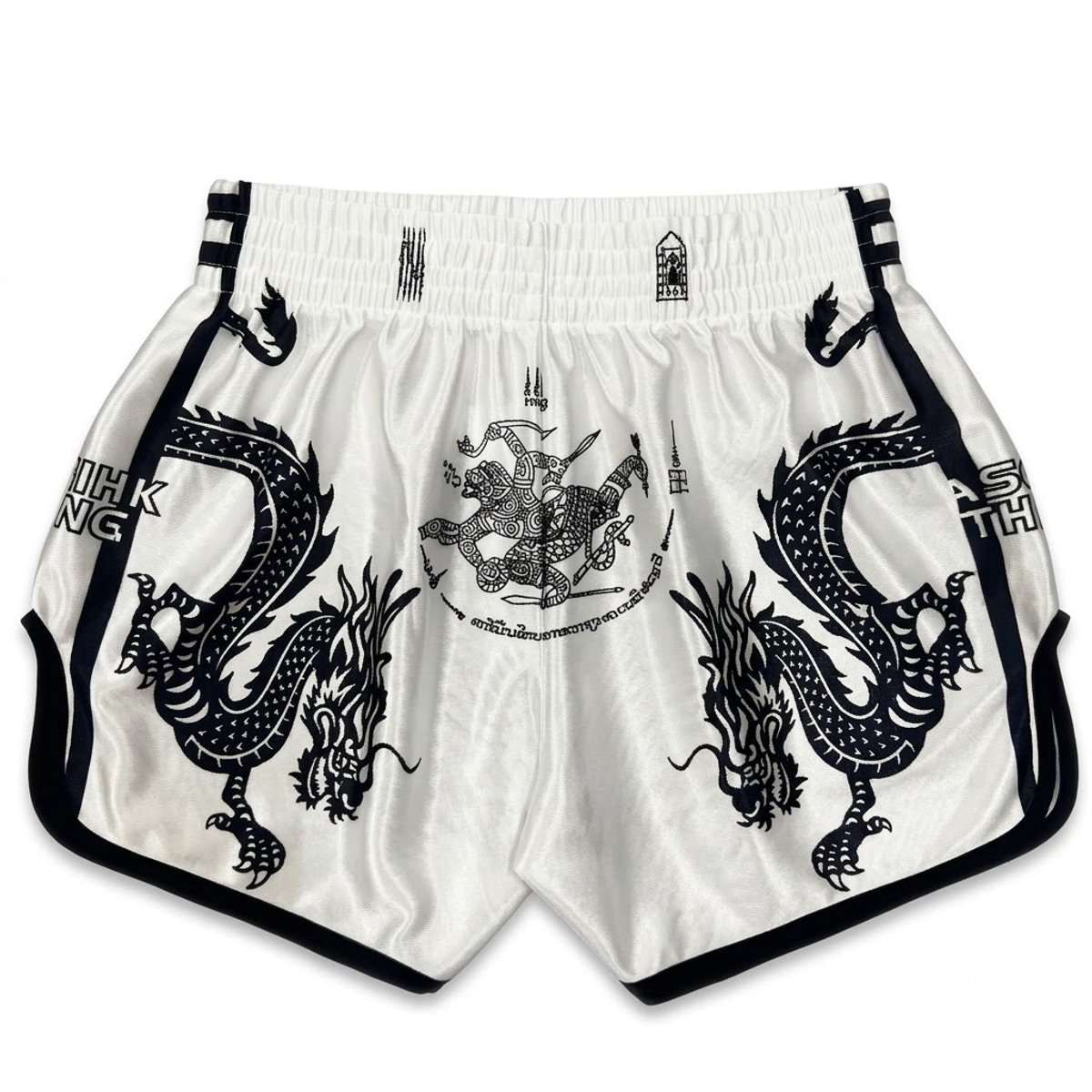 Witte boksbroek heren maat XL met zwarte draken en tijger print – sport short vechtsport training broek met elastische tailleband en traditionele grafische details