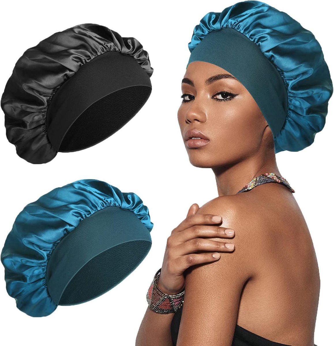 SnelShoppen - Silk Bonnet Set - 2 Stuks Zijden Haarwrap voor Slaap - Zacht en Comfortabel Satijnen Slaapmuts - Zwart en Pauwblauw - Voor Dames en Here