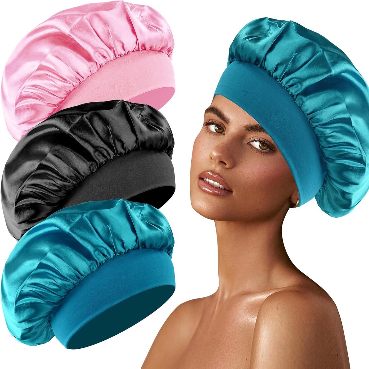 SnelShoppen - Set van 3 Zijdeachtige Nachtmutsen in Zwart, Blauw, Roze - Zijde en Satijn - Ideaal voor een Goede Nachtrust