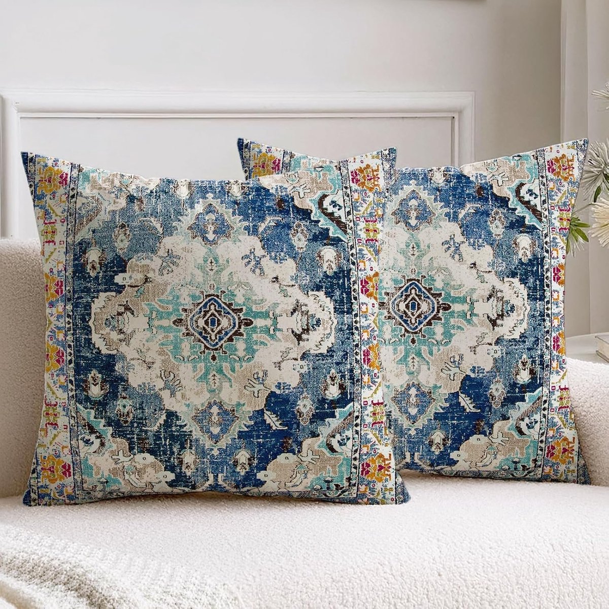 SnelShoppen - Set van 2 Bohemian Blauwe Sofa Kussens 50 x 50 cm - Zachte Velvet Retro Kussenhoezen voor Tuin en Woonkamer - Abstracte Decoratie