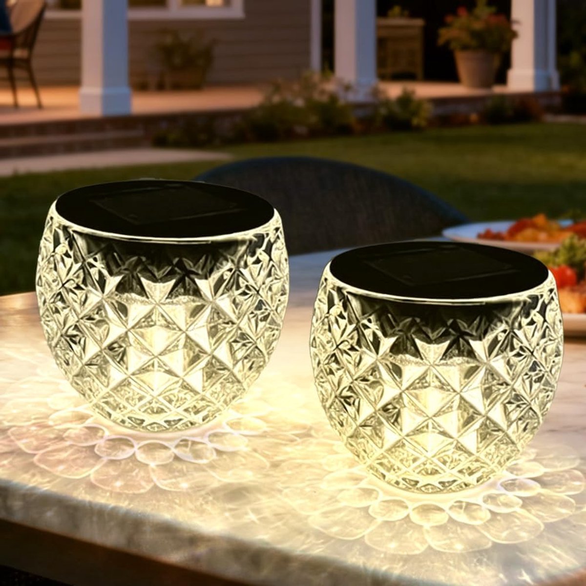 SnelShoppen - Solar-tafellampen voor buiten (set van 2) – IP44 LED-lantaarn, warm wit, glazen ontwerp (Ø10 cm) voor tuin, balkon, camping en terras