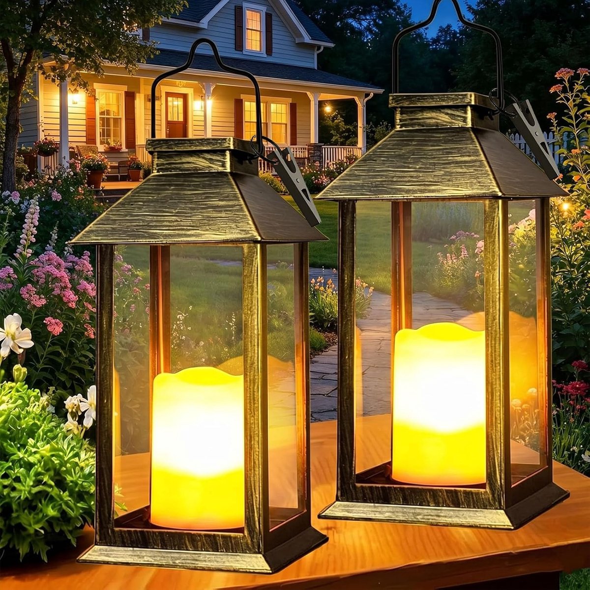 SnelShoppen - Lantaarns op Zonne-energie voor Tuin, 2 Stuks, Flikkerende Kaars, Waterdichte Tafellamp, Bronzen Decoratie voor Buiten, Feest en Camping
