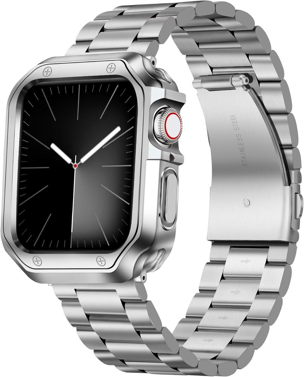 SnelShoppen - Metalen Horlogeband voor Apple Watch 45mm 44mm 42mm - Roestvrijstaal & TPU Behuizing - Sport & Elegant - Set van 2 - Voor Heren en Vrouw