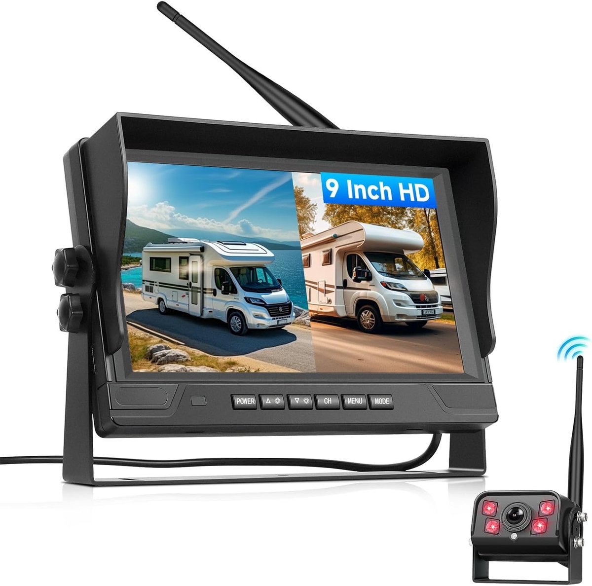 SnelShoppen - VECHTEL Achteruitrijcamera-set 9 inch HD Draadloos met 4 Beeldschermen, Waterdicht IP68, Nachtzicht voor Vrachtwagen, Camper en Bestelwa