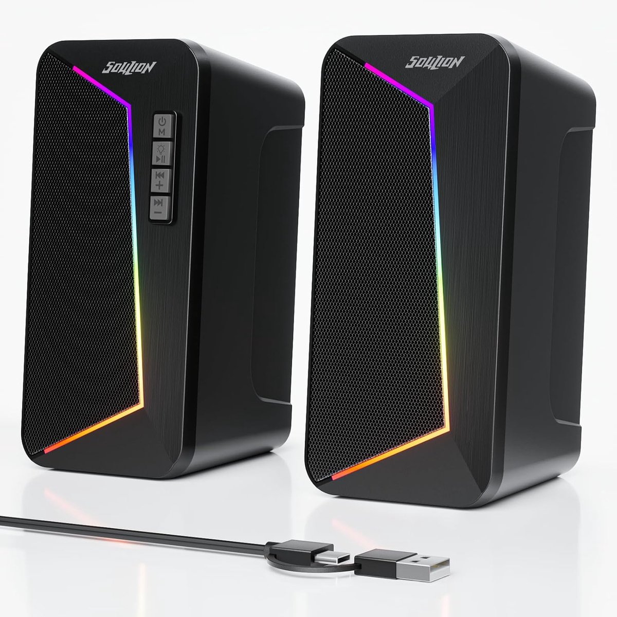 SnelShoppen - PC-luidsprekers USB-C/Bluetooth met Volumeregelaar, Kleurrijke LED-verlichting voor Laptop, Smartphone, Desktop | Ideaal voor Feest, Gam
