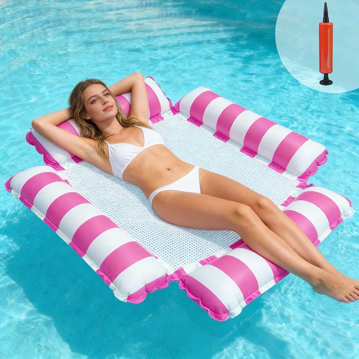 SnelShoppen - Zwembadstoel drijvende hangmat 4-in-1 rosé luchtmatras opblaasbare waterhangmat 123x120 cm voor volwassenen met net en pomp - perfecte l