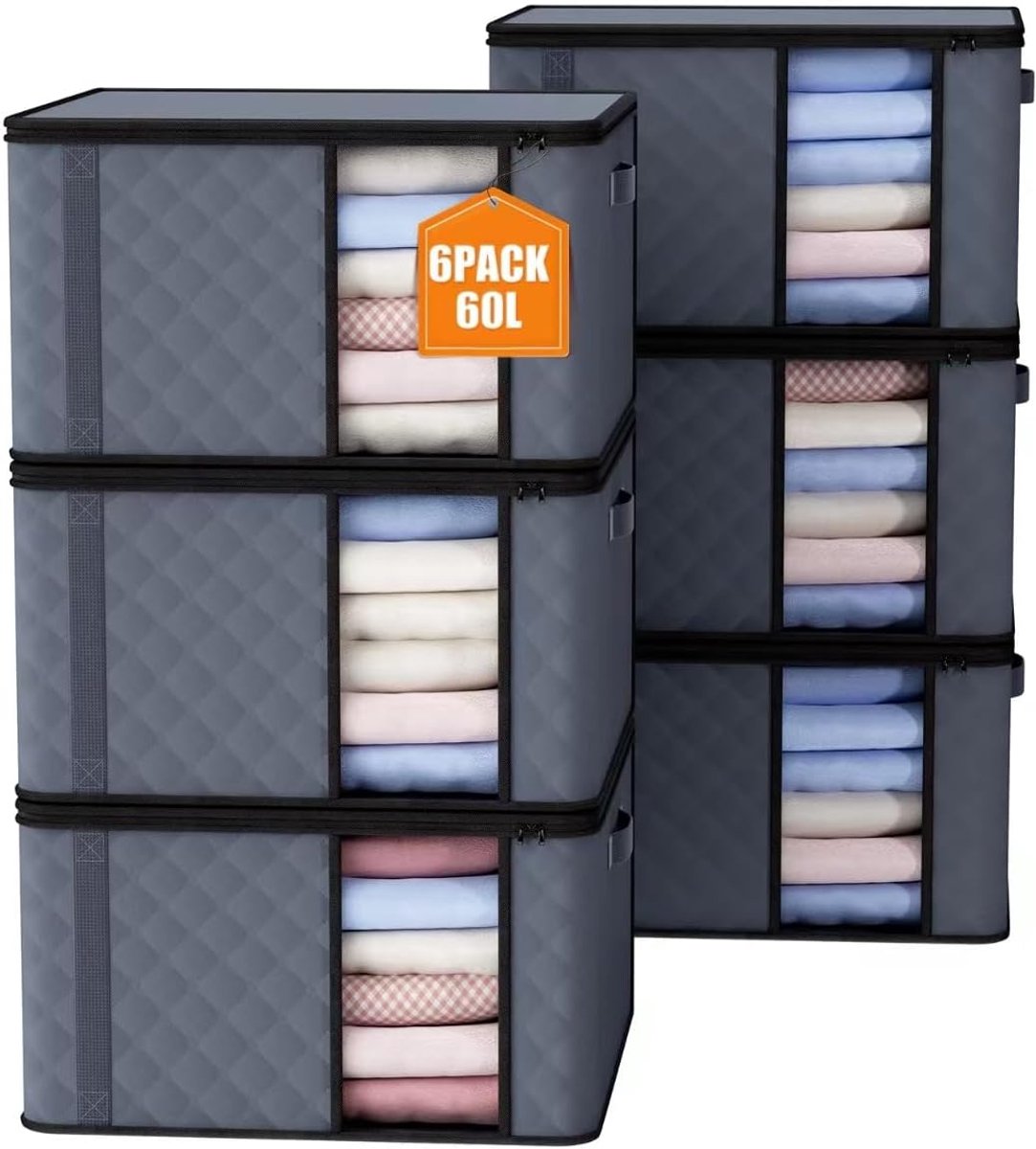 SnelShoppen - 6 Stuks 60L Opbergdozen met Deksel, Grote Kledingopbergdozen voor Duvets, Dekens, Kleding, Vouwbare Opbergboxen voor Onderbed en Kleding