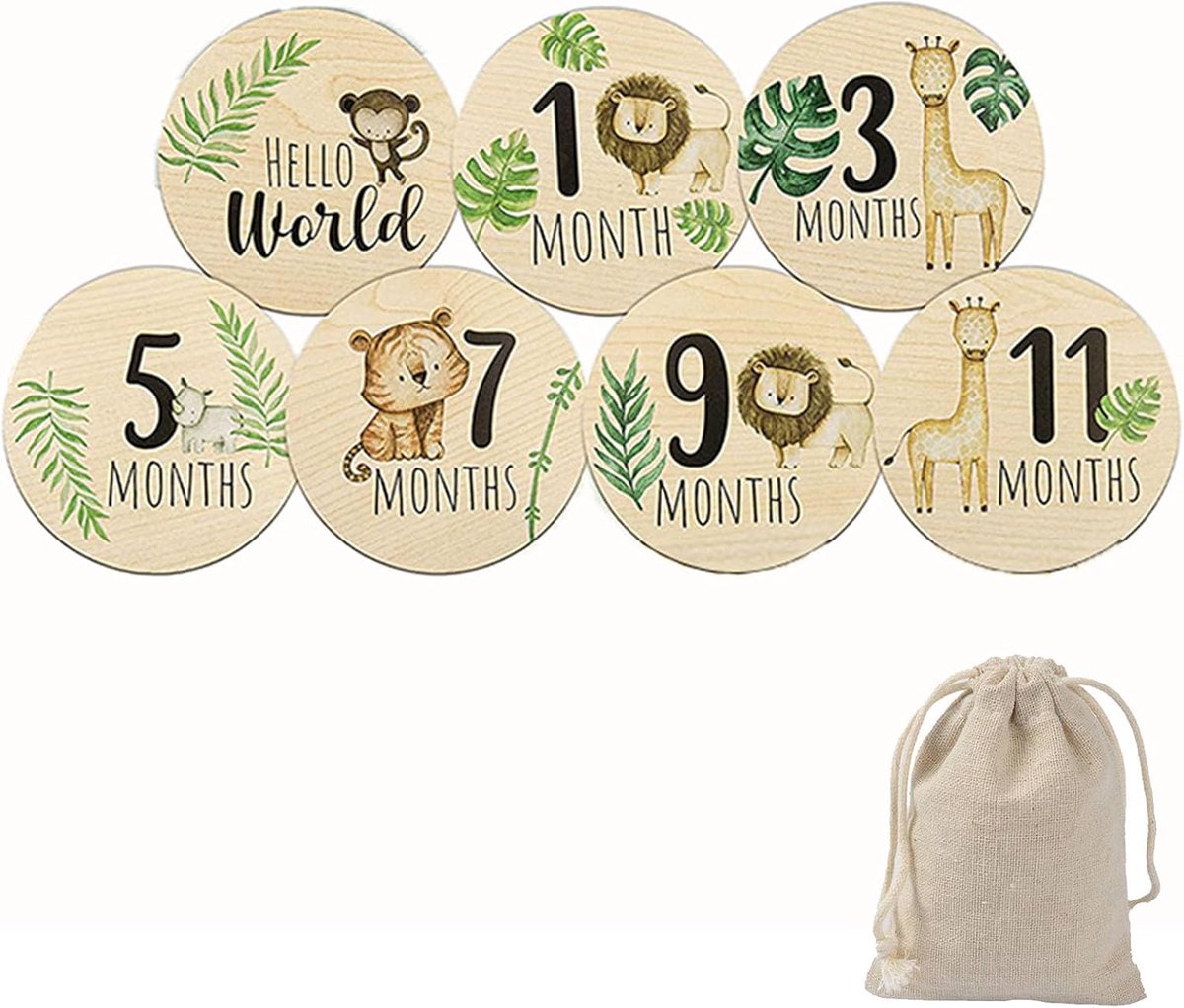 SnelShoppen - Houten Stappenkaart voor Baby's - 7 Dubbelzijdige Gegraveerde Houten Schijven - Maandelijkse Fotokaarten - Geboortecadeau voor Ouders en