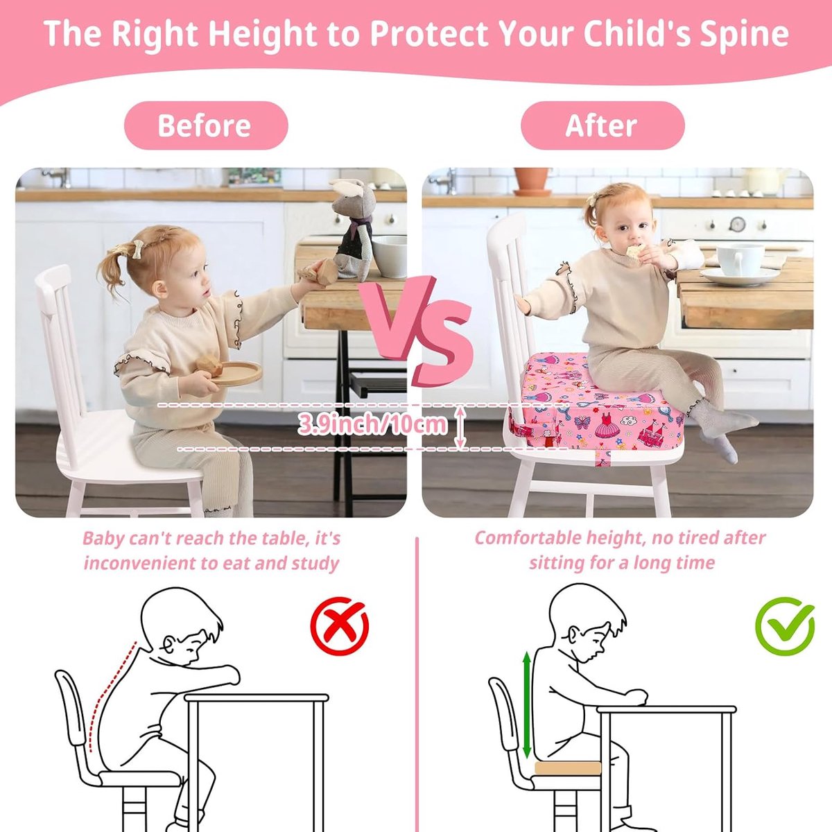 SnelShoppen - Seat Booster Kinderstoel, Verhoogd Stoelkussen voor Kinderen, Wasbaar en Afneembaar, met 2 Veiligheidsriemen, Antislip Kinder Boostersto