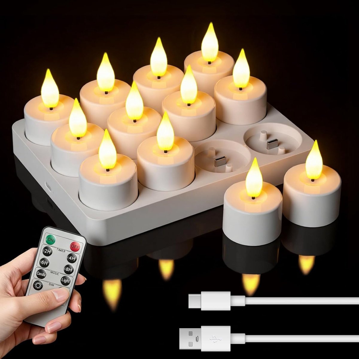 SnelShoppen - LED Kaarsen Set van 12 Oplaadbare Theelichten met Afstandsbediening en Timer, 100 Uur Valse Kaarsen Flickering Vlam Decoratie voor Kerst