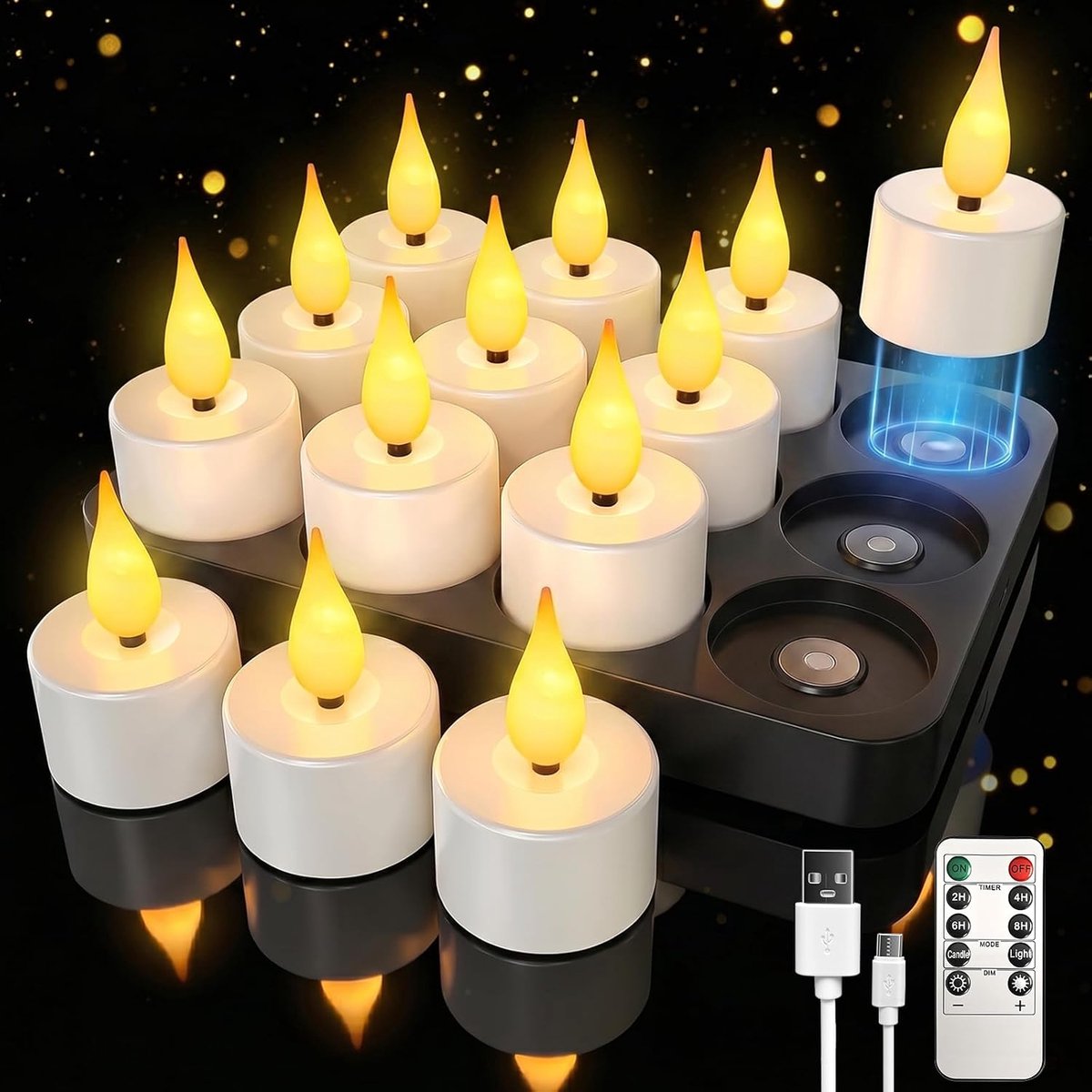 SnelShoppen - 12 Dimbare Oplaadbare LED Theelichtjes met Oplaadstation, Afstandsbediening en Timer – Zwart – Perfect voor Feesten, Tuin, Camping en Bi
