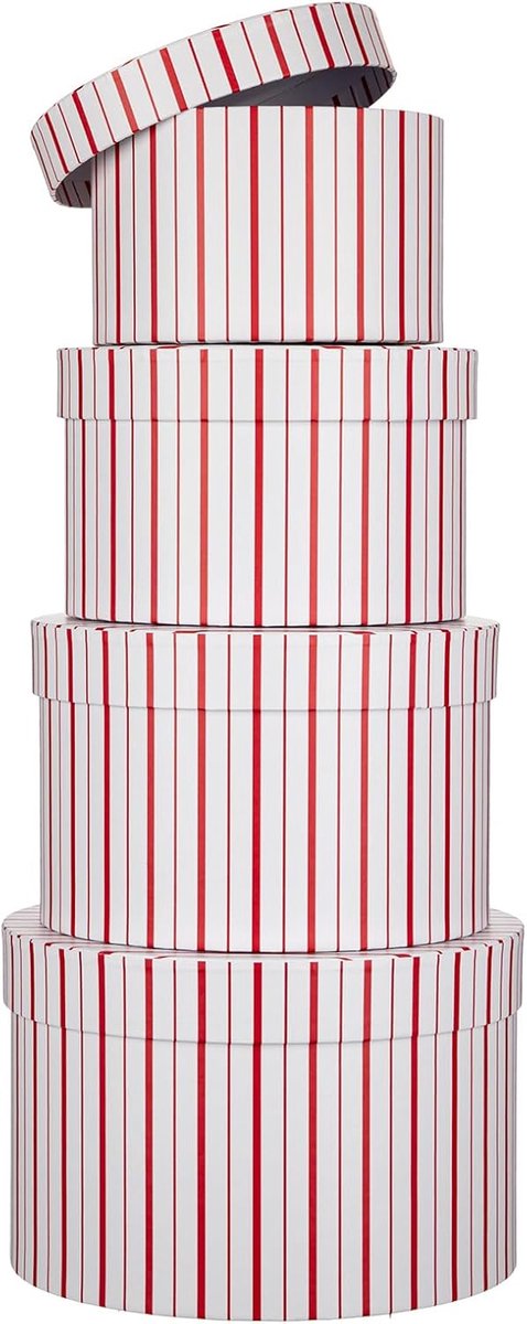 SnelShoppen - Set van 4 Ronde Cadeau Dozen met Deksel - Rood en Witte Gestreept - Perfect voor Bruidsmeisjes, Huwelijk, Verjaardag, Cadeaus en Bloemst