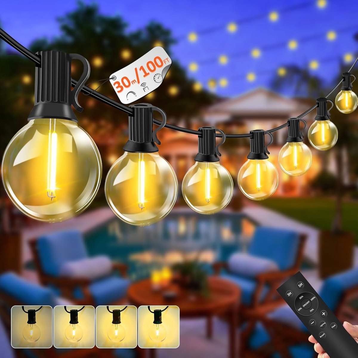 SnelShoppen - LED Lichtsnoer Dimbaar 30M voor Buiten, Weerbestendig IP44 Waterdicht, Perfect voor Terras, Tuin, Bruiloften en Feesten