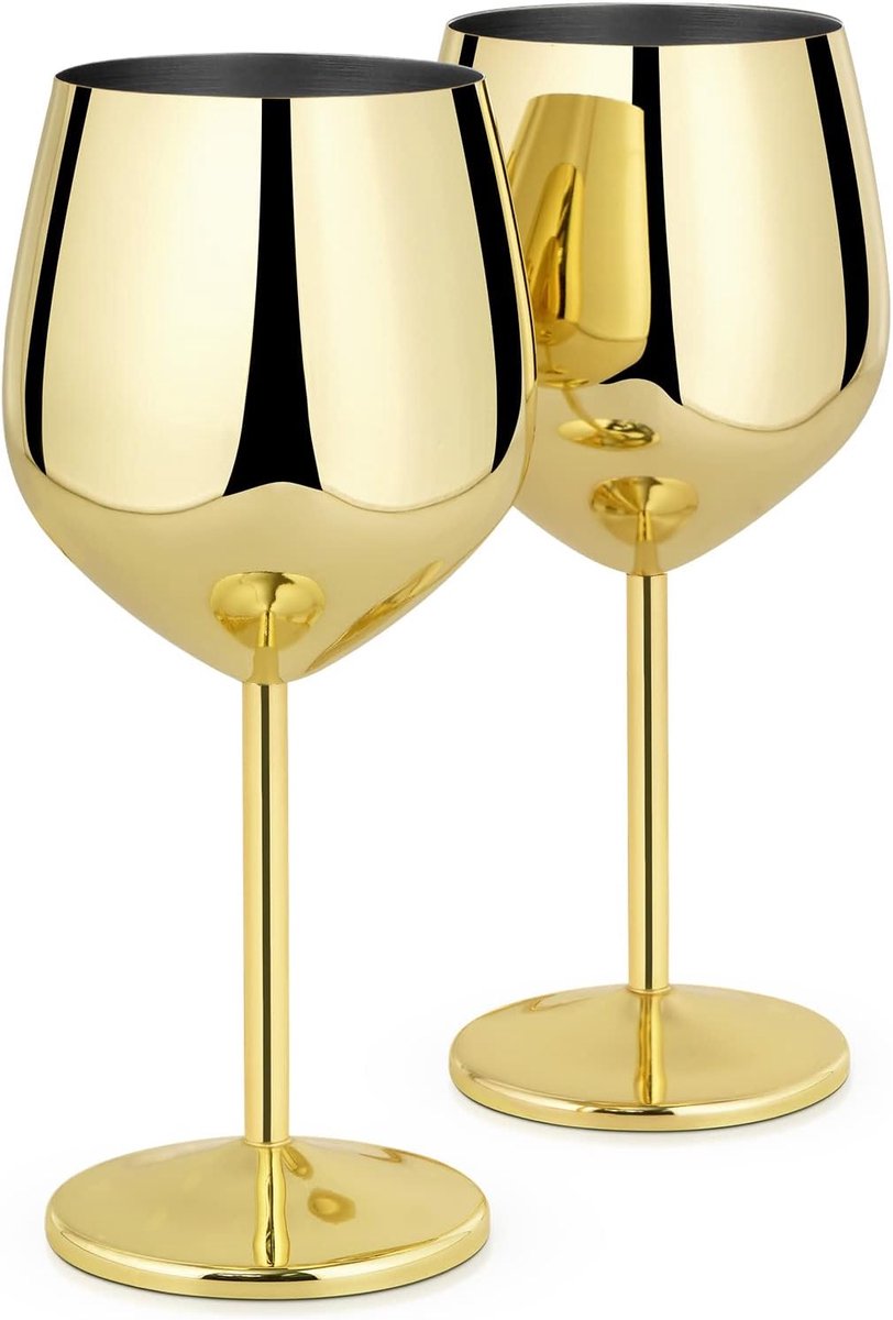 SnelShoppen - RVS Cocktail Glazen Set van 2, Shatterproof Wijnglazen met Handvat, 550ml 18oz voor Feesten, Picnics en Camping - Gouden Afwerking