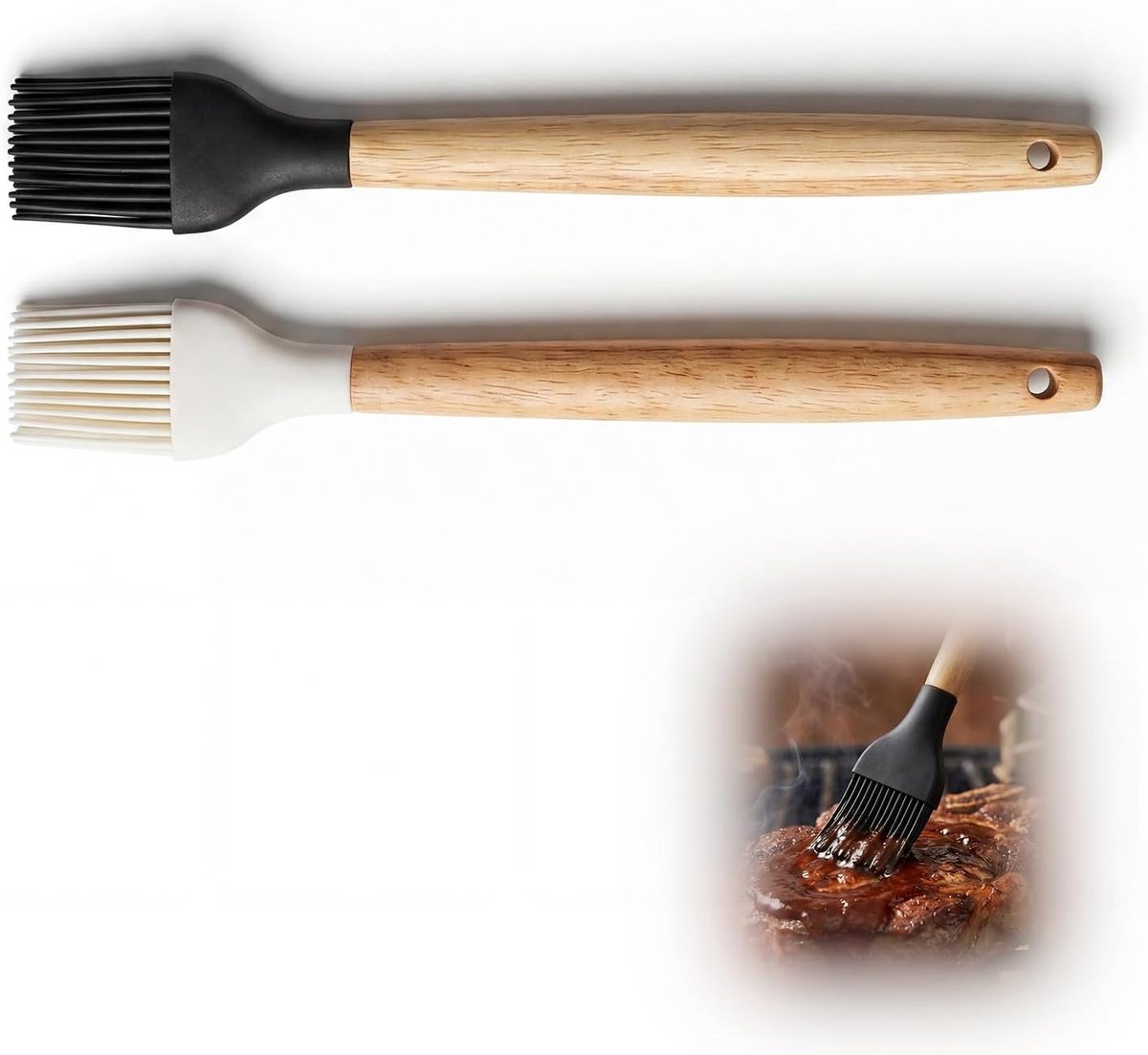 SnelShoppen - Silicone Baking Brush Set met Houten Handvat - Keukenkwasten voor Marineren, Grillen en Bakken - Hittebestendig, Non-Stick, Zwart - Idea