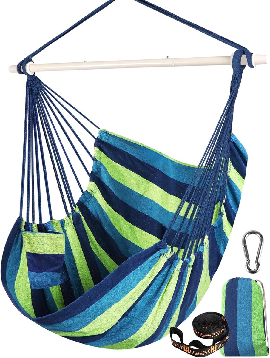 SnelShoppen - Hangmat Stoel Schommelstoel Draagbare Opvouwbare Metalen Spreader Bar 330LB Max Comfortabel Katoen Voor Binnen Buiten Tuin Camping