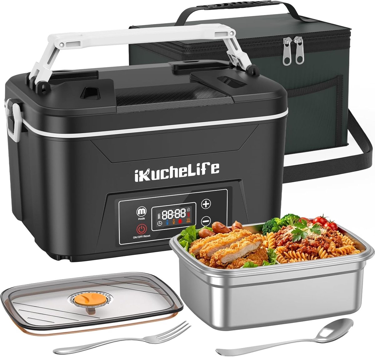 SnelShoppen - Elektrische Lunchbox voor Volwassenen met Batterij, 1200 ml, Verwarmde Lunchbox met RVS Bestek, Touchscreen en Isolatie Tas, Lekvrij voo